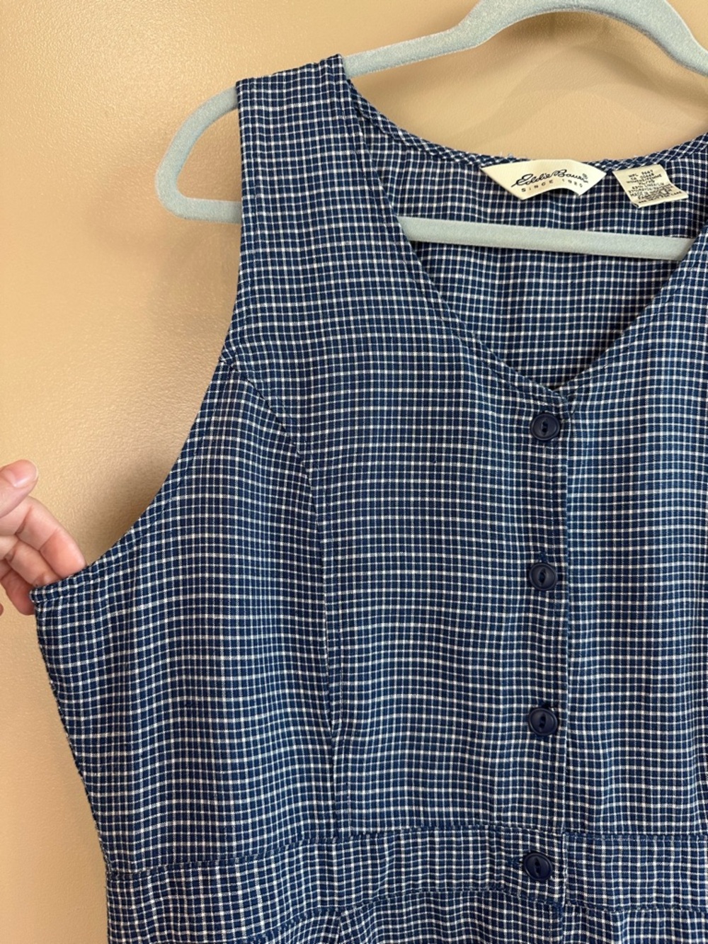 Vtg Eddie Bauer Navy Blue Plaid Sleeveless Dress XL Pinafore Jumper Cottagecore - Picture 4 of 10